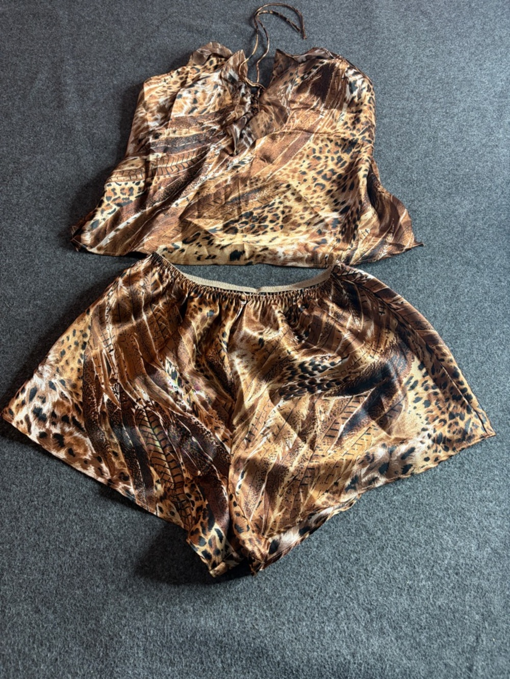 Leopard Feather Print Satin Two-Piece Sleep Set - Brown